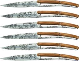 Deejo sada 6 stealpvácj nožů, lesklý povrch, olivové dřevo, design "Toile de Jouy" 2AB011